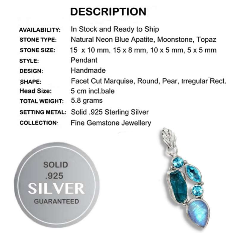 Natural Neon Blue Apatite Rough, Moonstone, Blue Topaz Solid .925 Sterling Silver Pendant