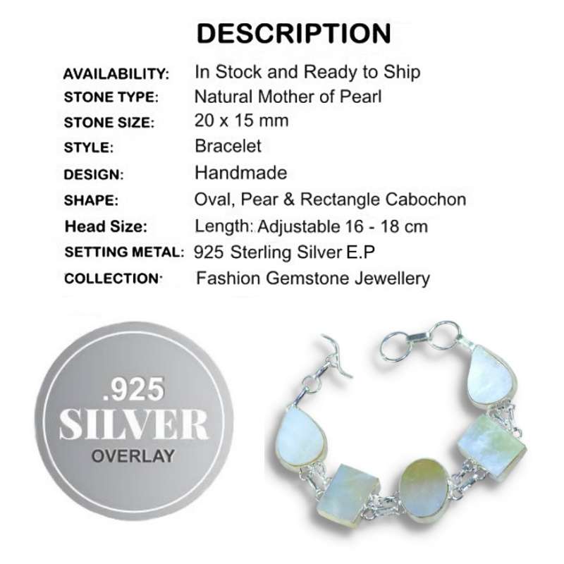 Natural Mother of Pearl Mixed Shapes set in .925  Sterling Silver Plated Handmade Elegant Bracelet