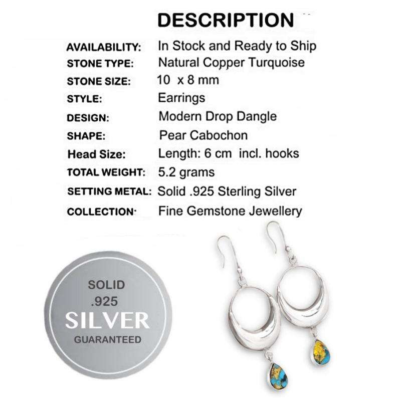 Incredible Natural Copper Turquoise Gemstone  set in Solid .925 Sterling Silver Earrings