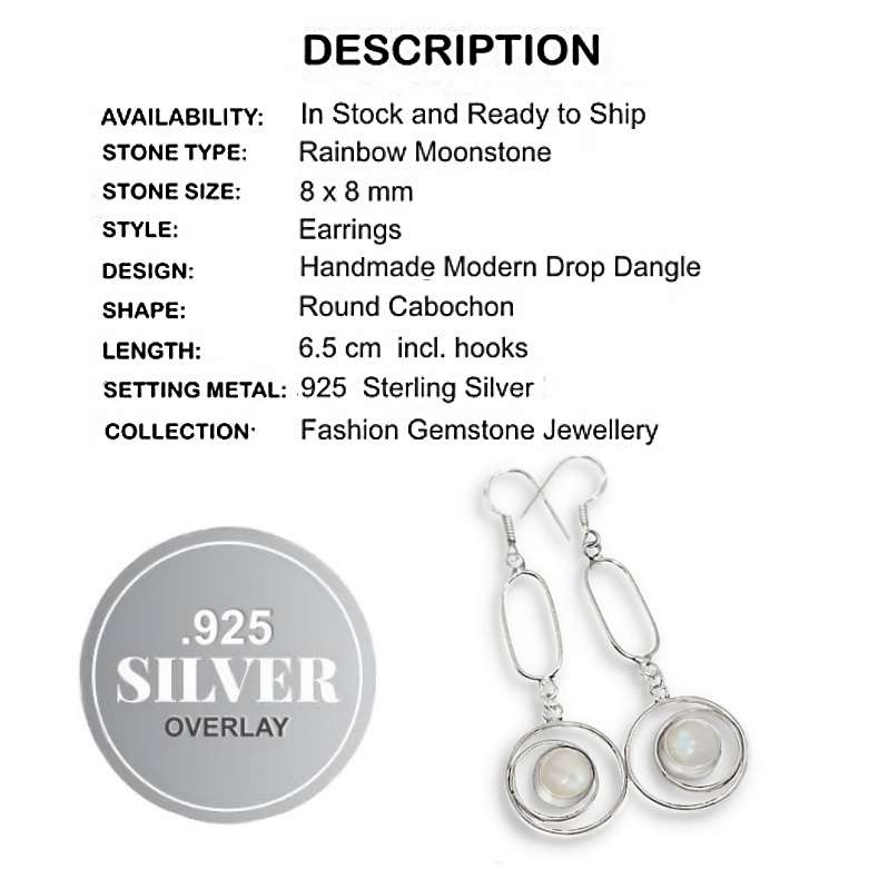 Natural Rainbow Moonstone Round Gemstone set in .925 Sterling Silver Long Modern Earrings