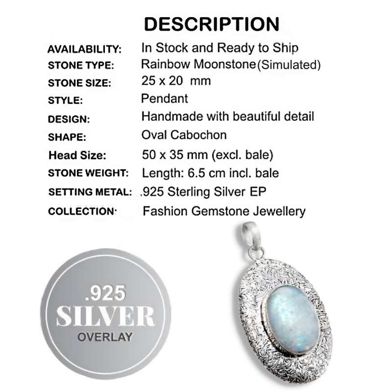 Rainbow Moonstone Simulated Oval Cab in Embossed .925 Sterling Silver Plated Handmade Pendant