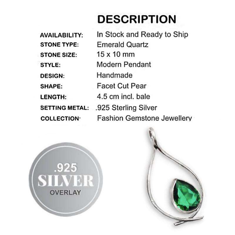 Emerald Quartz Pear Shape set in.925 Sterling Silver Plated Handmade Modern set Pendant