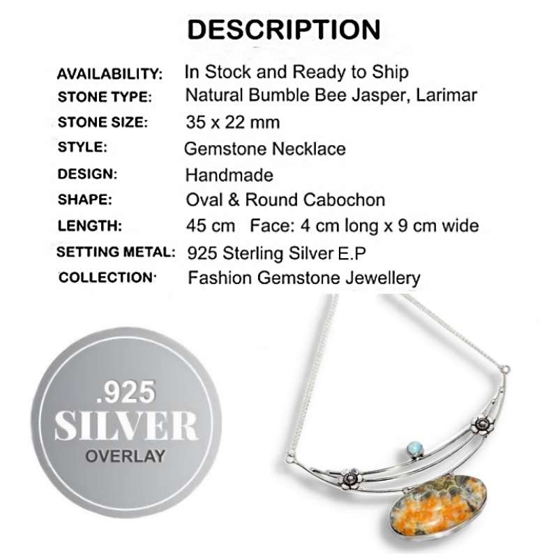 Natural Bumble Bee Jasper and Caribbean Larimar set in .925 Sterling Silver Plated Necklace