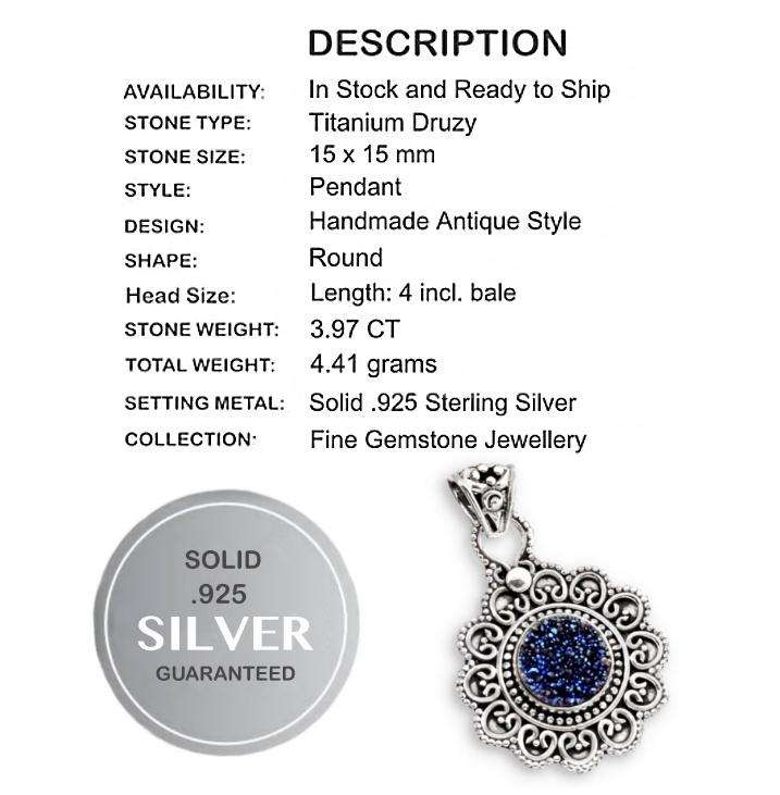 Dainty Natural Titanium Druzy set In Solid 925 Sterling Silver Antique Style Pendant