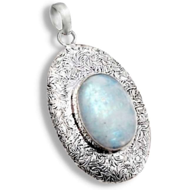 Rainbow Moonstone Simulated Oval Cab in Embossed .925 Sterling Silver Plated Handmade Pendant