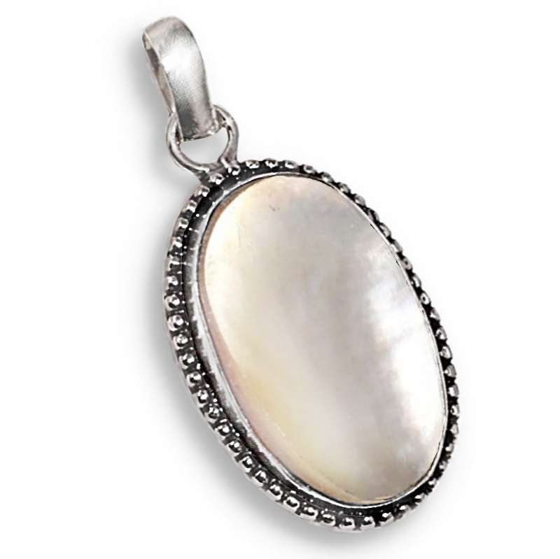 Natural Creamy Mother of Pearl Oval set in .925 Sterling Silver Plated Handmade Pendant
