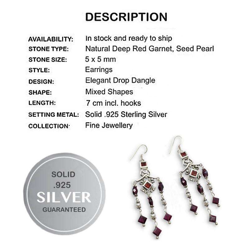 Natural Deep Red Mozambique, Rhodolite Garnet, Seed Pearl in Solid .925 Sterling Silver Earrings