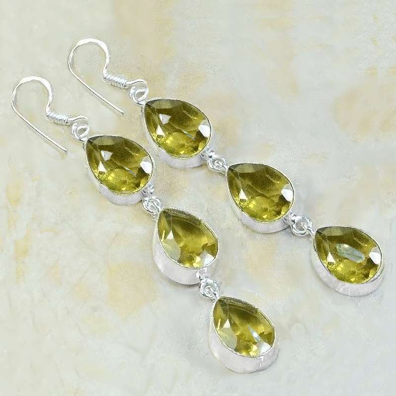 Faceted Lemon Citrine Pears  set in .925 Sterling Silver Plated Handmade Long Earrings