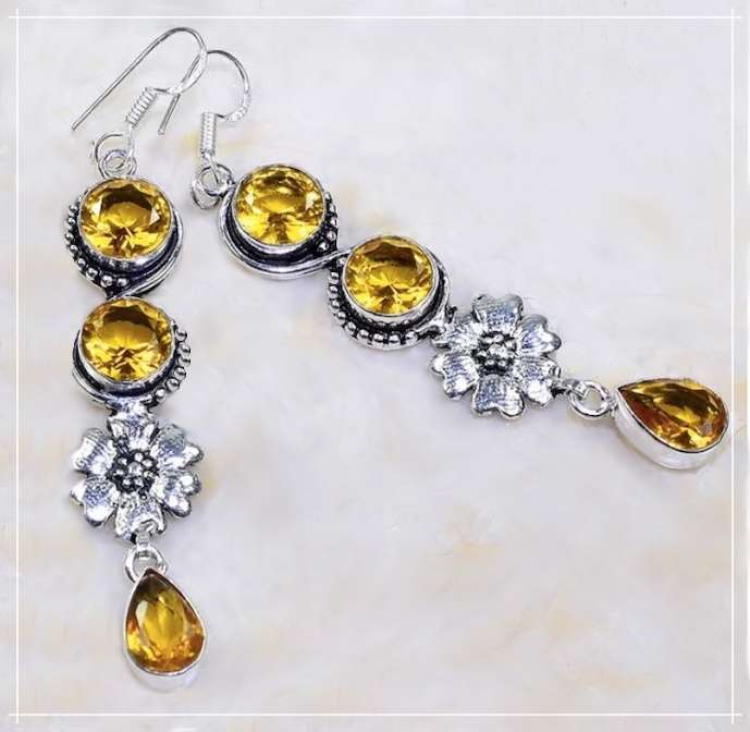 Faceted Citrine with Floral accent set in .925 Sterling Silver Plated Handmade Long Earrings