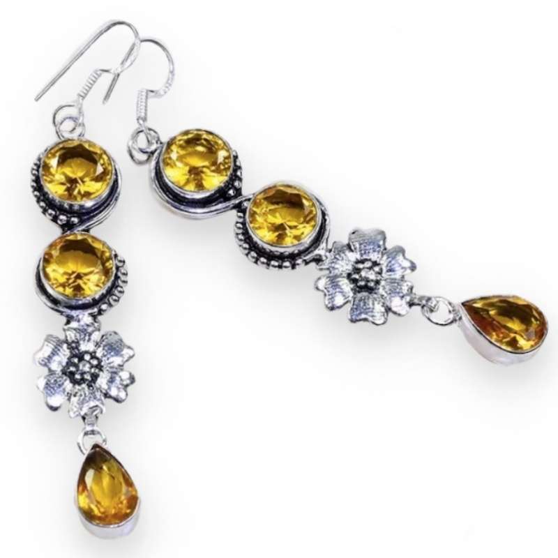 Faceted Citrine with Floral accent set in .925 Sterling Silver Plated Handmade Long Earrings