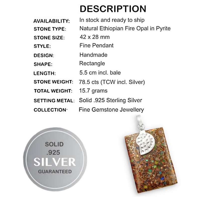 78.5 Cts Natural Ethiopian Fire Opal In Pyrite Set In Solid. 925 Sterling Silver Pendant