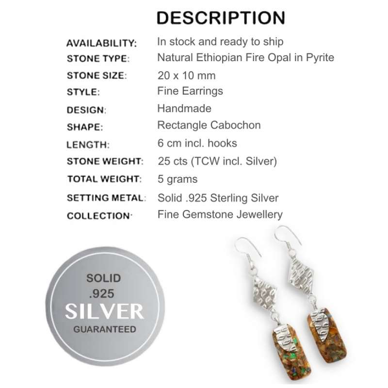 25 Cts Natural Ethiopian Fire Opal In Pyrite Set In Solid. 925 Sterling Silver Earrings