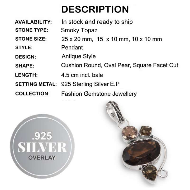 Faceted Smoky Topaz Mixed Shape Gemstones set in .925 Sterling Silver Plated Handmade Pendant