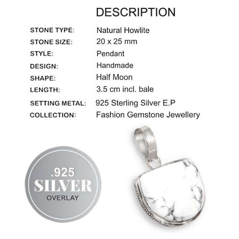 Natural Howlite Half Oval Gemstone set in .925 Sterling Silver Plated Handmade Pendant