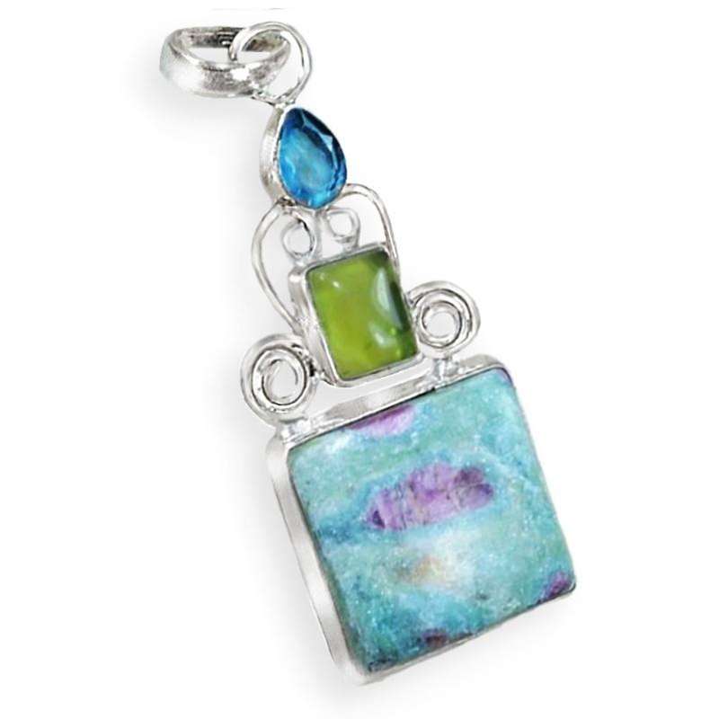 Handmade Natural Ruby In Fuchsite Gemstone Set In .925 Sterling Silver Plated Pendant