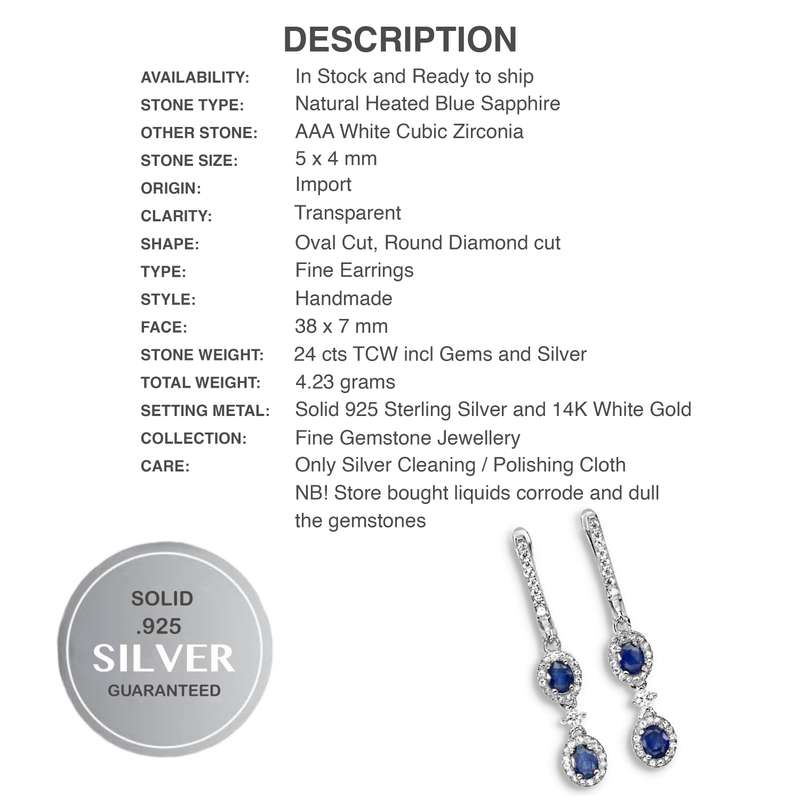 Genuine Natural Blue Sapphire, White Cubic Zirconia Solid .925 Sterling Silver Stud Earrings