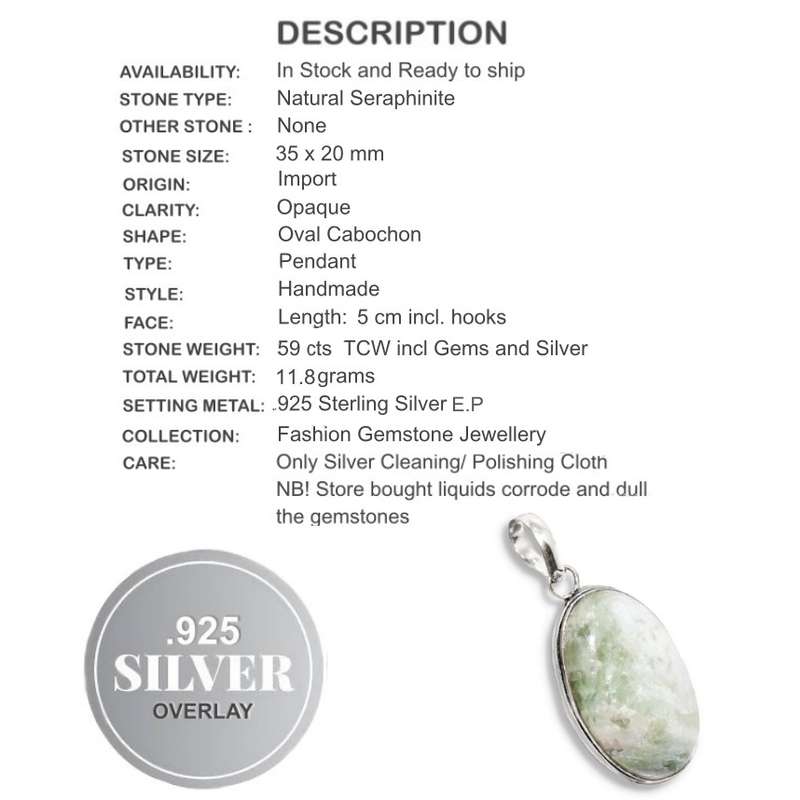 Natural Aqua Seraphinite Oval Gemstone In .925 Sterling Silver Plated Handmade Pendant