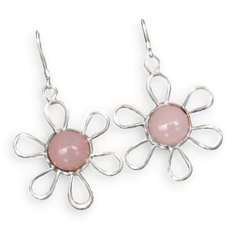 Natural Pink Rose Quartz Gemstone set in Solid .925 Sterling Silver Whimsical Floral Earrings
