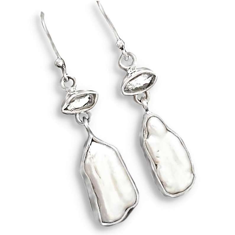 Natural Biwa Pearl, Herkimer Diamond  set in Solid .925 Sterling Silver Earrings