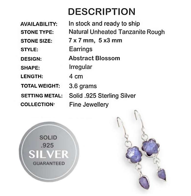 Natural Unheated Tanzanite Rough Gemstone set in Solid .925 Sterling Silver Earrings
