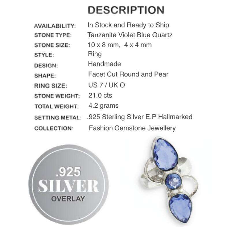 Tanzanite Violet Blue Quartz set in .925 Sterling Silver Plated Ring Size US 7 / UK O