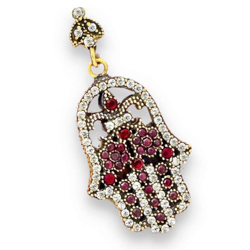Hamsa (Hand of God) Two Tone Turkish Ruby and White Topaz set in Solid 925 Sterling Silver Pendant