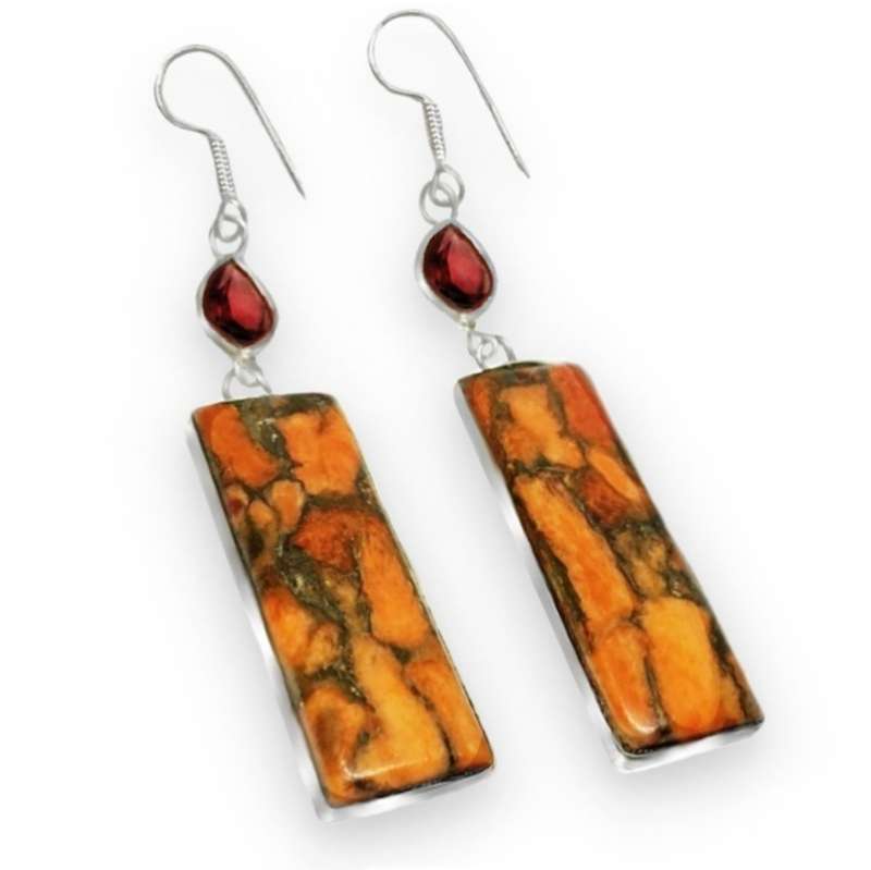 Natural Orange Copper Turquoise Rectangle Gemstone set with Solid .925 Sterling Silver Pendant