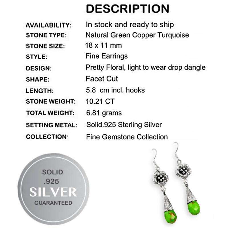 10.21 Cts Floral Copper Green Turquoise Gemstones set in Solid .925  Sterling Silver Earrings