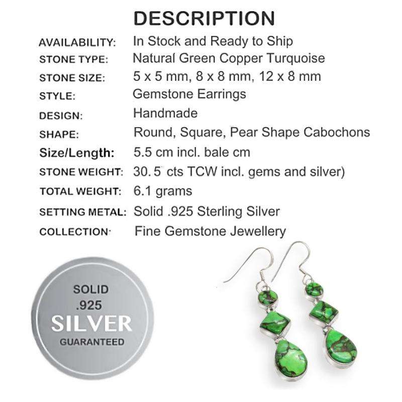 Natural Copper Green Turquoise Gemstones set in Solid .925 Sterling Silver Earrings