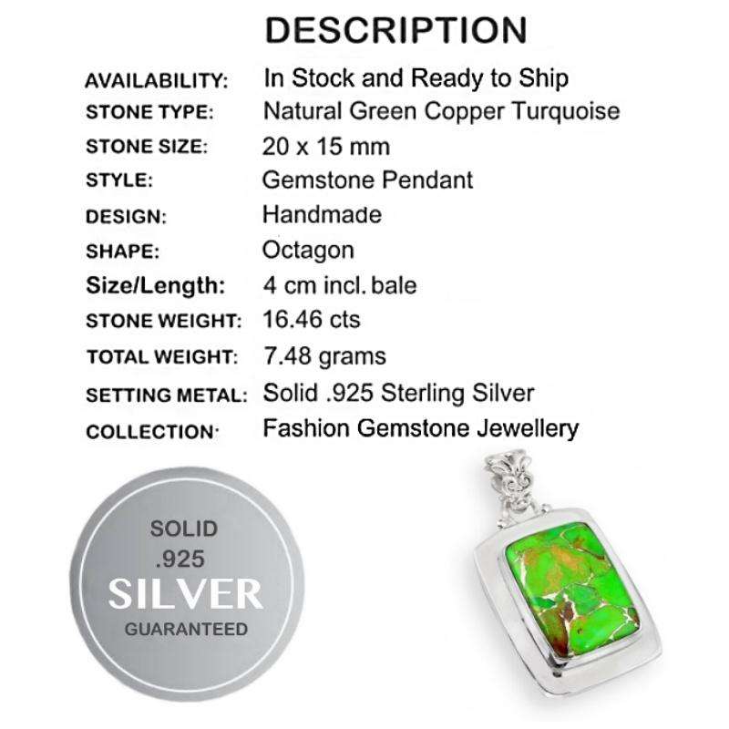 Natural Green Copper Turquoise set in Solid 925 Sterling Silver Rectangle Pendant