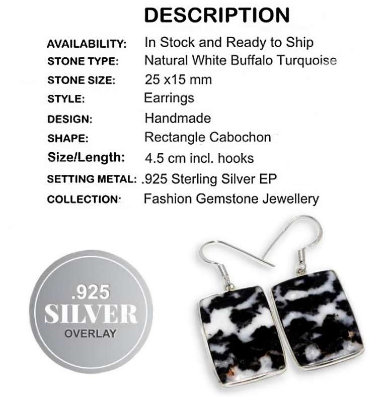 Natural White Buffalo Turquoise Gemstone set in .925 Sterling Silver Plated Handmade Earrings