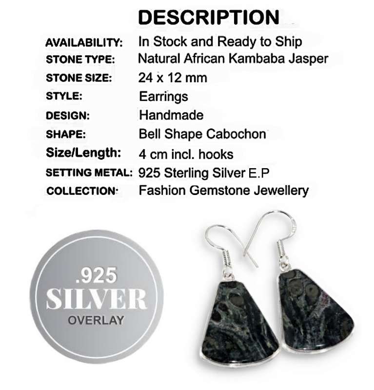 Natural African Kambaba Jasper Gemstone set in .925 Sterling Silver Plated Handmade Earrings