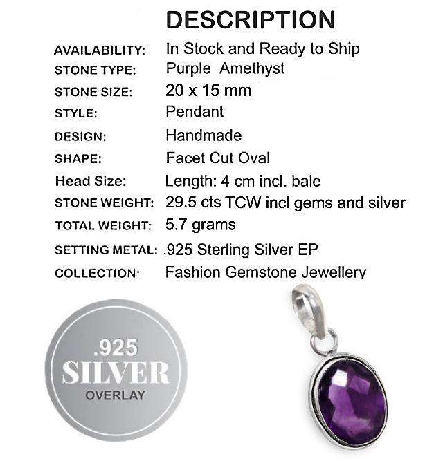 Faceted Purple Amethyst Oval Gemstone set in .925 Sterling Silver Plated Handmade Pendant
