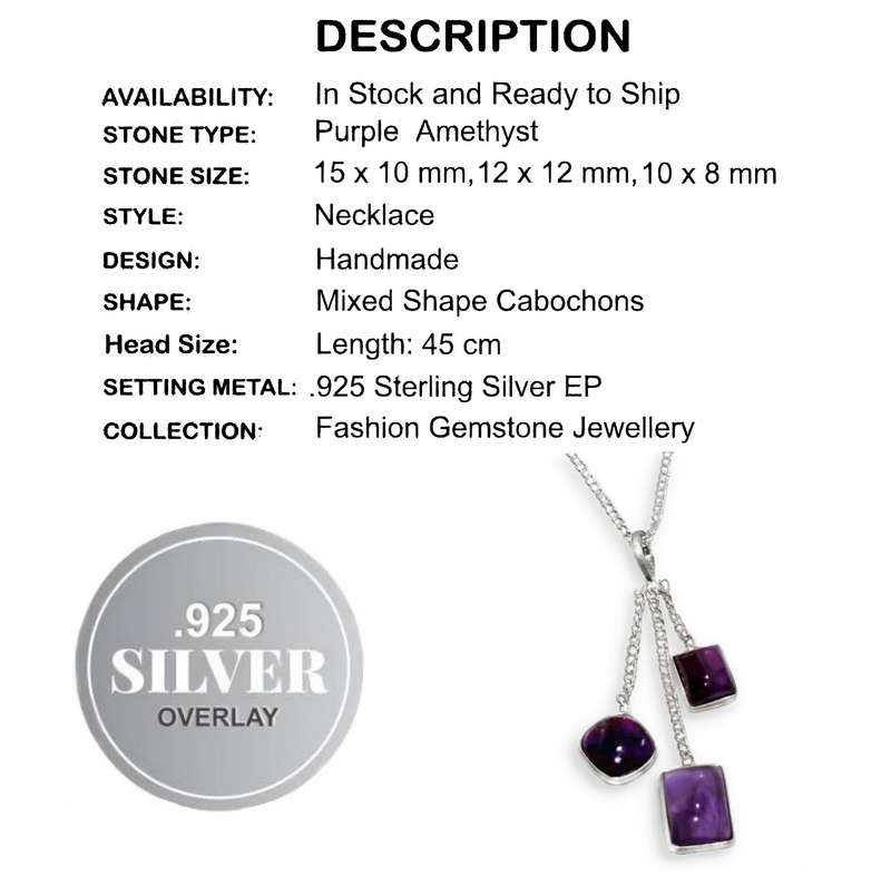 Natural Purple Amethyst Mixed Shape Gemstones set in .925 Sterling Silver Plated Handmade Necklace