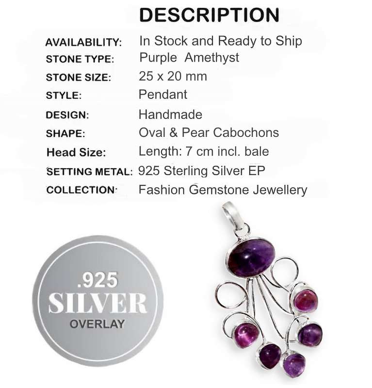 Natural Purple Amethyst Oval and Pear Gemstones set in .925 Sterling Silver Plated Handmade Pendant
