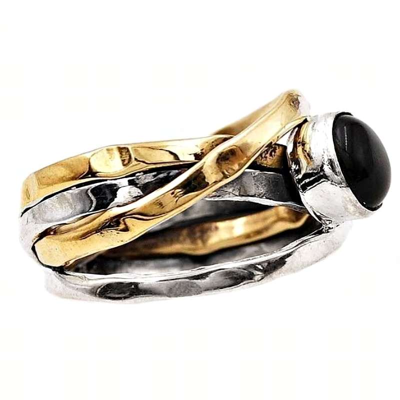 Two Tone Natural Black Onyx set in Solid .925 Sterling Silver Ring Size US 8.5