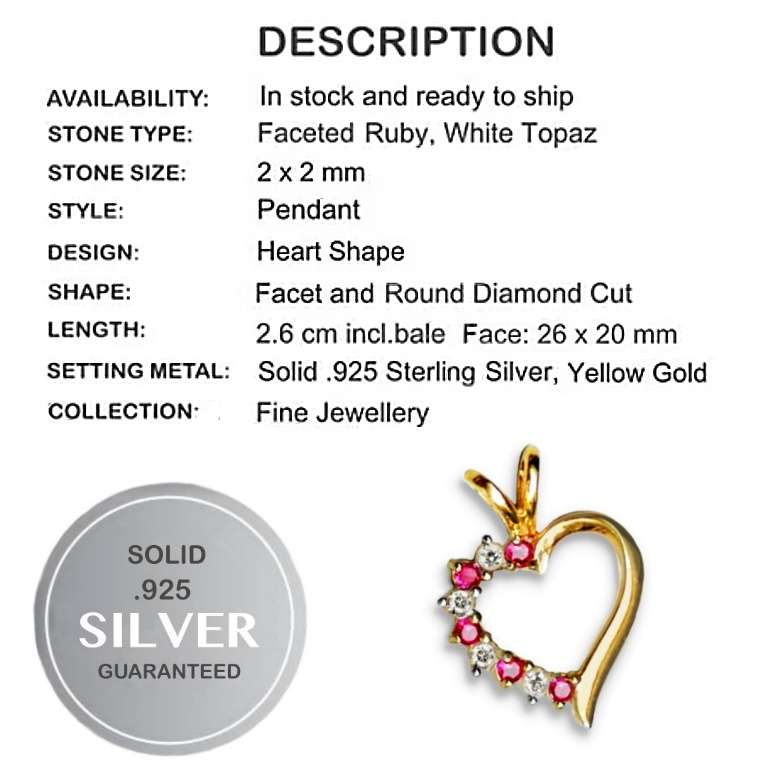 Dainty Pink Red Ruby & White Topaz .925 Solid Silver, Yellow Gold Pendant