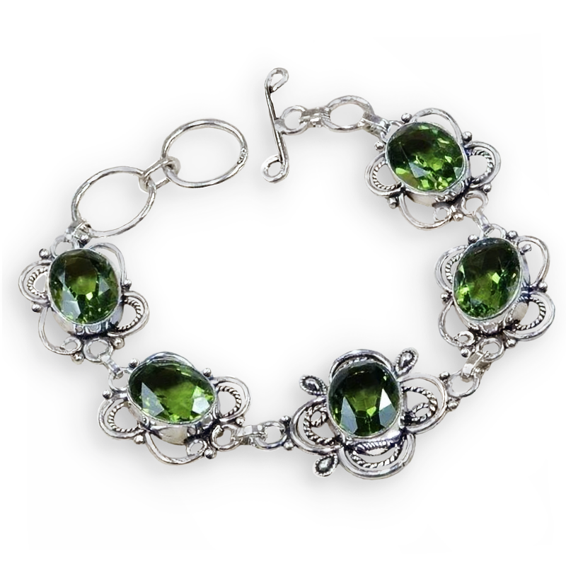 Green Amethyst Faceted Oval Gemstones set in .925 Sterling Silver Plated Handmade Bracelet