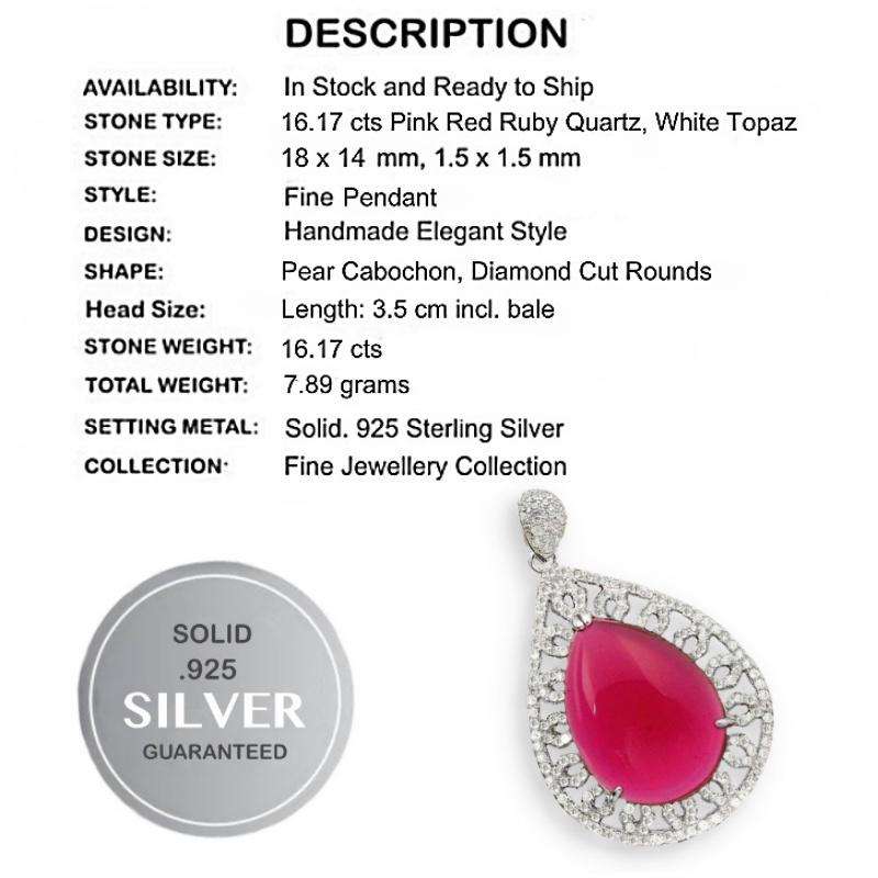 16.17 cts  Pink Red Ruby Pear & Natural White Topaz set in .925 Solid Sterling Silver Pendant