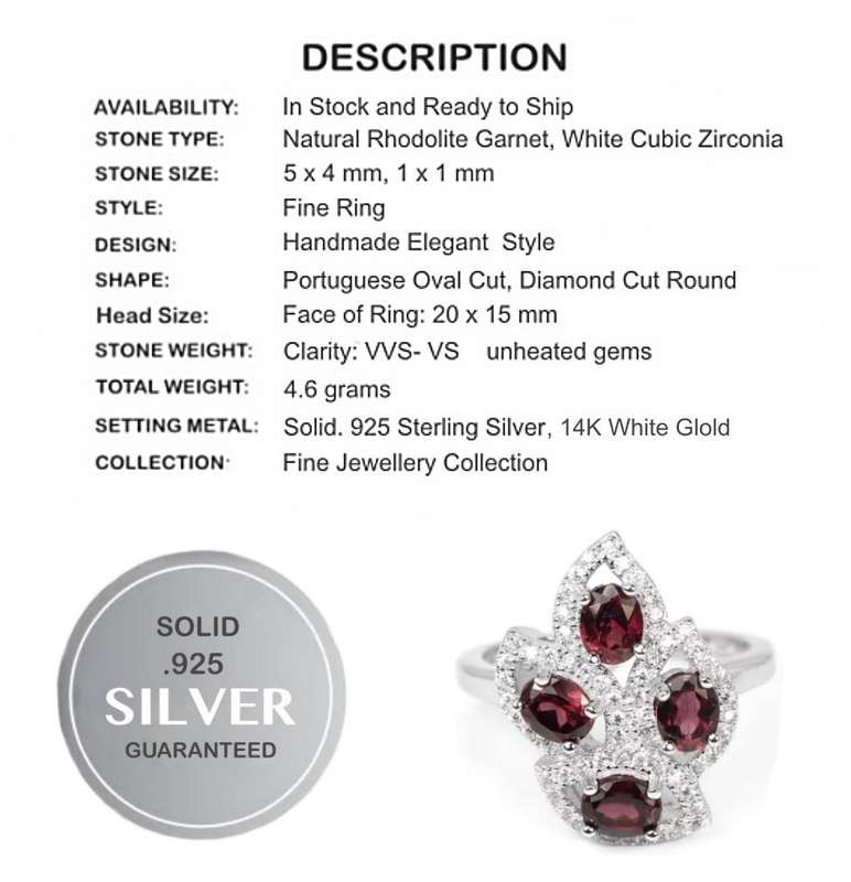Top Natural Unheated Rhodolite Garnet, Cubic Zirconia Solid .925 Sterling Silver Ring US 7.25