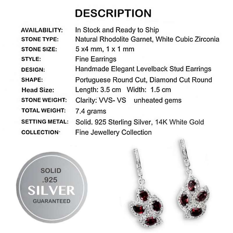 8mm Top Natural  Unheated Rhodolite Garnet, Cubic Zirconia Solid .925 Sterling Silver Earrings