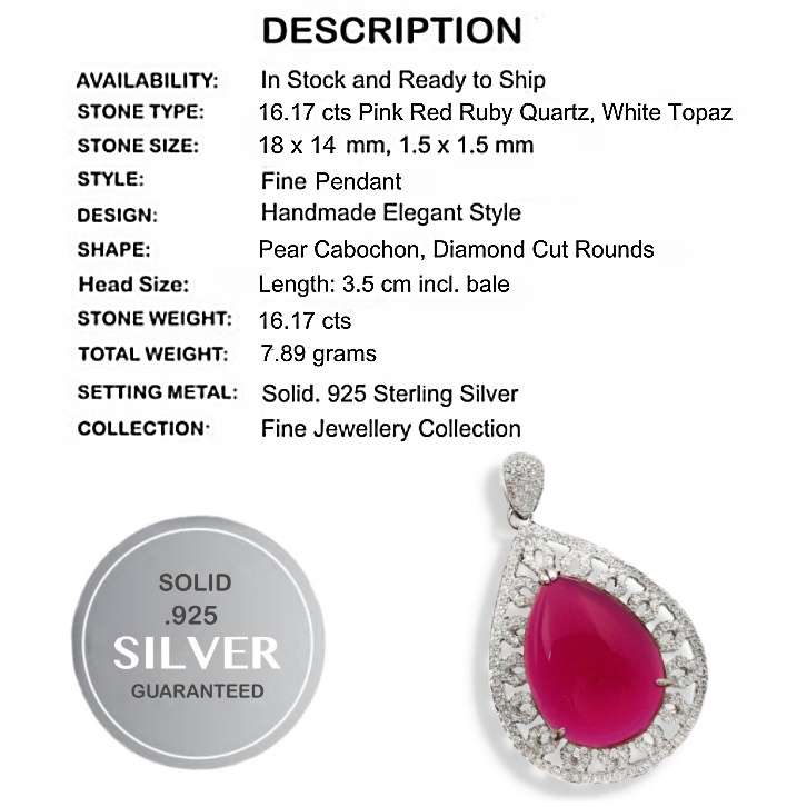 16.17 cts  Pink Red Ruby Pear & Natural White Topaz set in .925 Solid Sterling Silver Pendant