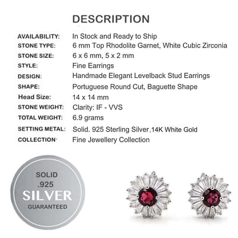 6mm Top Natural Rhodolite Garnet, Baguette Cubic Zirconia Solid .925 Sterling Silver Earrings