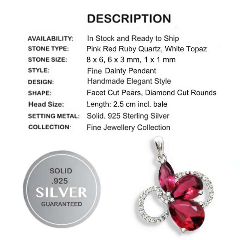 Elegant Pink Red Ruby and White Topaz Gemstone Solid .925 Sterling Silver Pendant + Free Chain