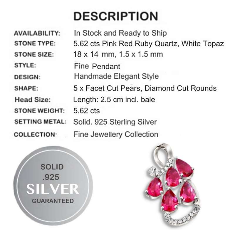 5.62 cts Pink Ruby Pear Shape and White Topaz Gemstones set in Solid .925 Sterling Silver Pendant