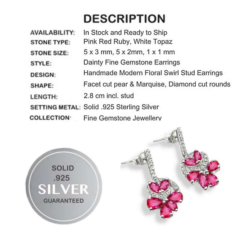 Dazzling Ruby Pears & Marquise Cut and White Topaz Gemstones in Solid .925 Sterling Silver Earrings