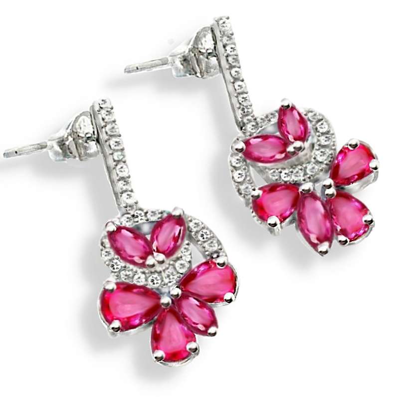 Dazzling Ruby Pears & Marquise Cut and White Topaz Gemstones in Solid .925 Sterling Silver Earrings