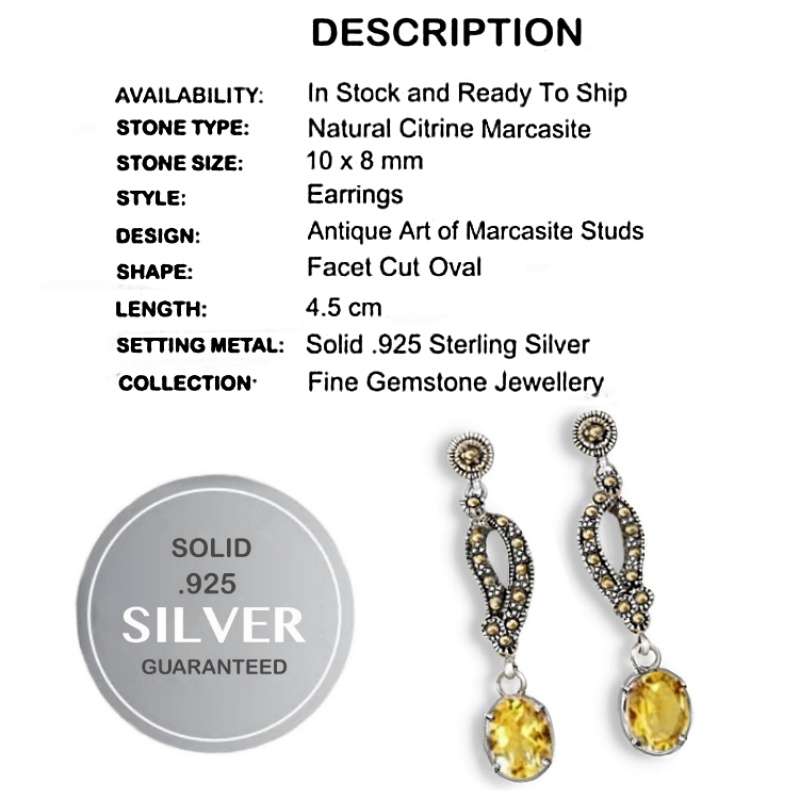 Natural Sunny Citrine And Marcasite Set In Solid .925  Sterling Silver Earrings