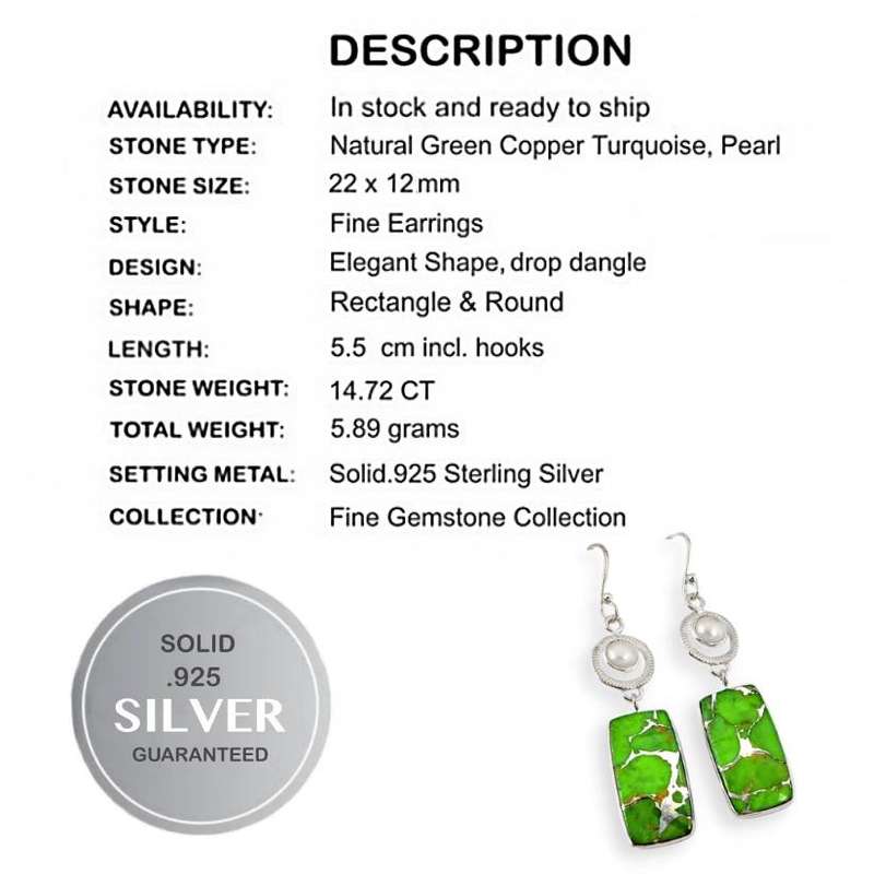 14.72 ct Natural Copper Green Turquoise,Pearl Earrings Solid .925 Sterling Silver