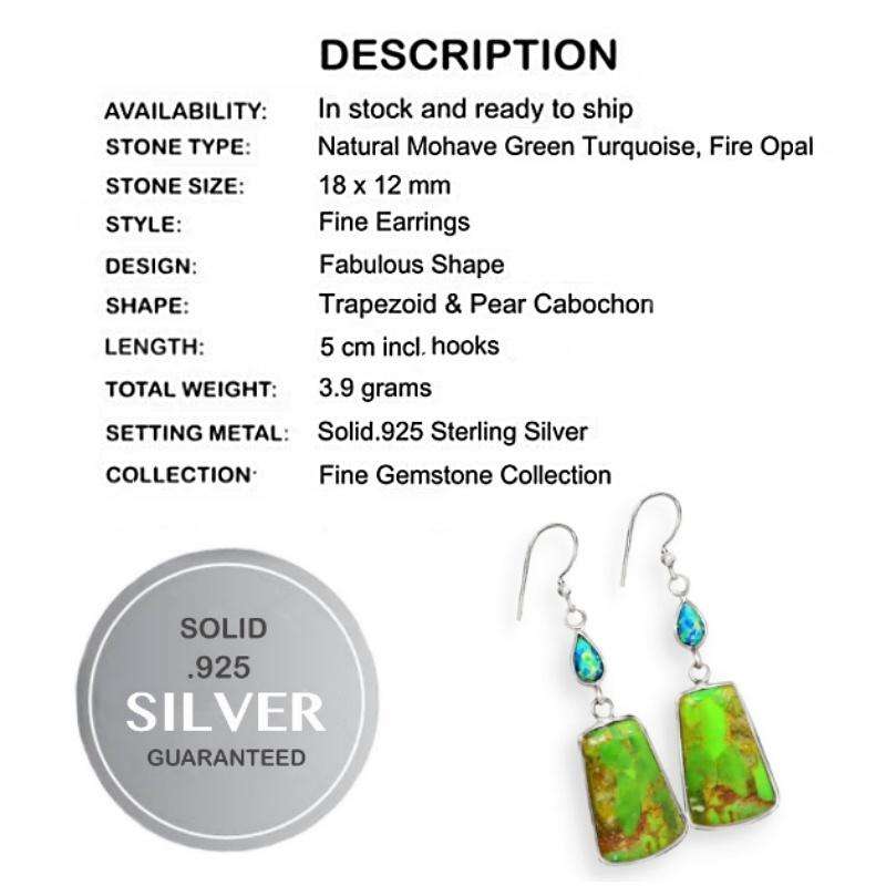 Natural Mohave Green Turquoise, Fire Opal Earrings set in Solid .925 Sterling Silver Earrings